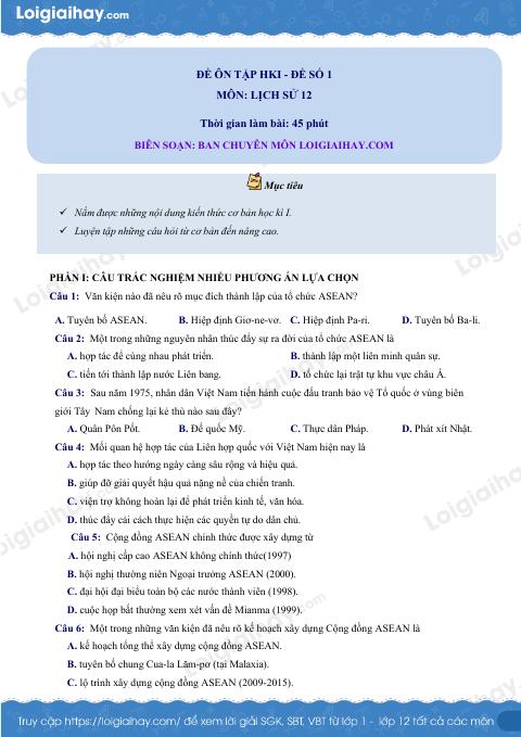 Đề thi học kì 1 Lịch sử 12 - Đề số 1